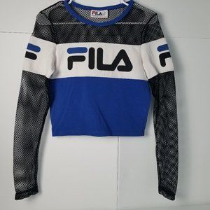 FILA Tara Mesh Women’s Size S Small Long Sleeve Cropped Top Blue White Black